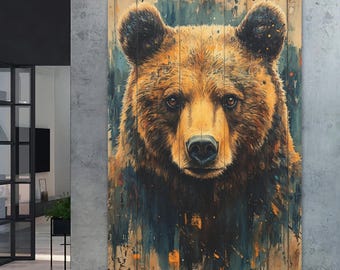 Muurkunst beer | Rustiek canvas met wilde dieren | Grizzlybeer-kunstwerk | Cabinedecoratie | Natuurkunst aan de muur | Bosdierenprint | Lodgebeer schilderij