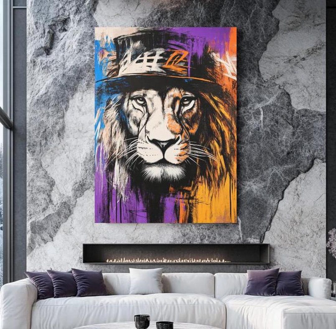 Graffiti Lion Canvas Print | Urban Street Art, Bold Colorful Wall