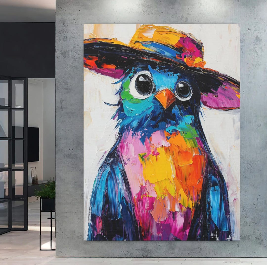 Colorful Bird Wall Art | Funny Quirky Bird Canvas Print With Hat ...