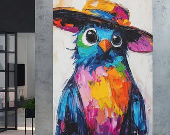 Colorful Bird Wall Art | Funny Quirky Bird Canvas Print with Hat | Vibrant Animal Painting | Rainbow Nursery Decor | Modern Bird Poster