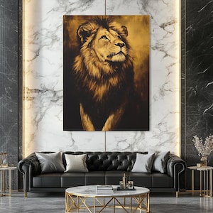Art mural en toile Lion | Portrait animalier royal | Tableau Roi de la jungle | Décoration masculine audacieuse | Oeuvre d&#39;art animalière moderne et luxueuse