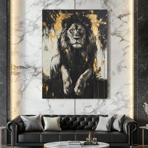 Toile de lion de luxe moderne | Décoration murale animal dorée et noire | Impression Roi de la jungle | Oeuvre d&#39;art de lion royal | Très grande oeuvre d&#39;art murale
