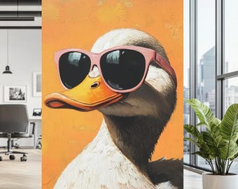 Lienzo decorativo de pato genial / Decoración de animales divertida / Impresión de pato con gafas de sol / Arte de pared de granja peculiar / Póster de pato moderno / Lienzo de gran tamaño