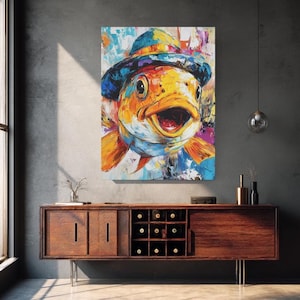 Funny Fish Wall Art | Colorful Ocean Animal Canvas | Quirky Fishing Decor for Lake House | Tropical Fish Painting | Bold Gift for Men or Her