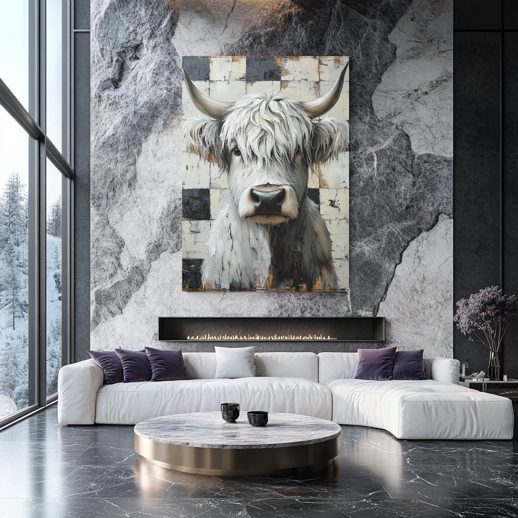 Stampa artistica da parete rustica con mucca delle Highland