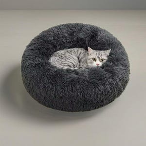 May include: A gray plush pet bed with a cat curled up inside. The bed is round and has a raised rim.