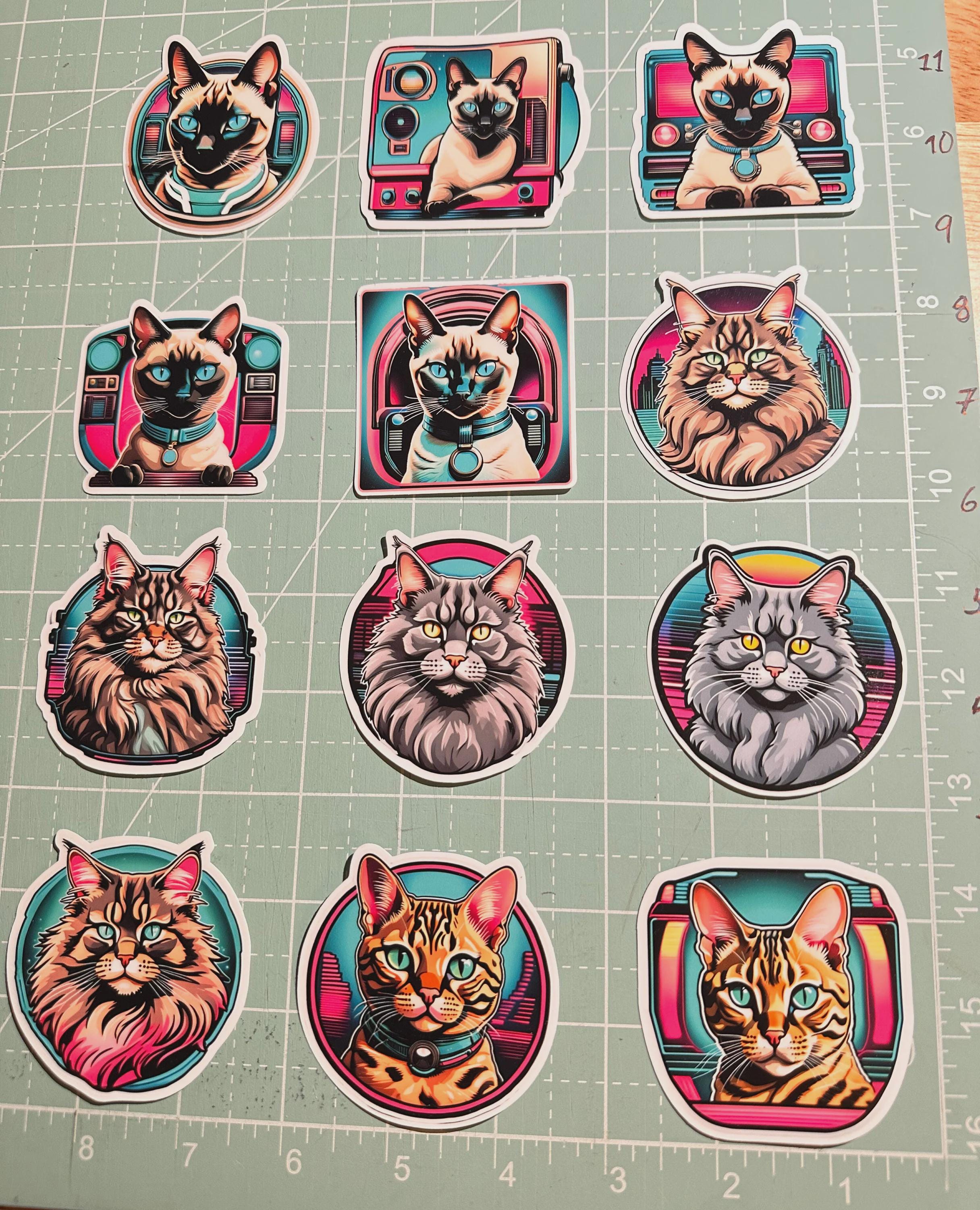 Futuristic Cat Stickers, Water Resistant Vinyl Decal Set of 48 ...