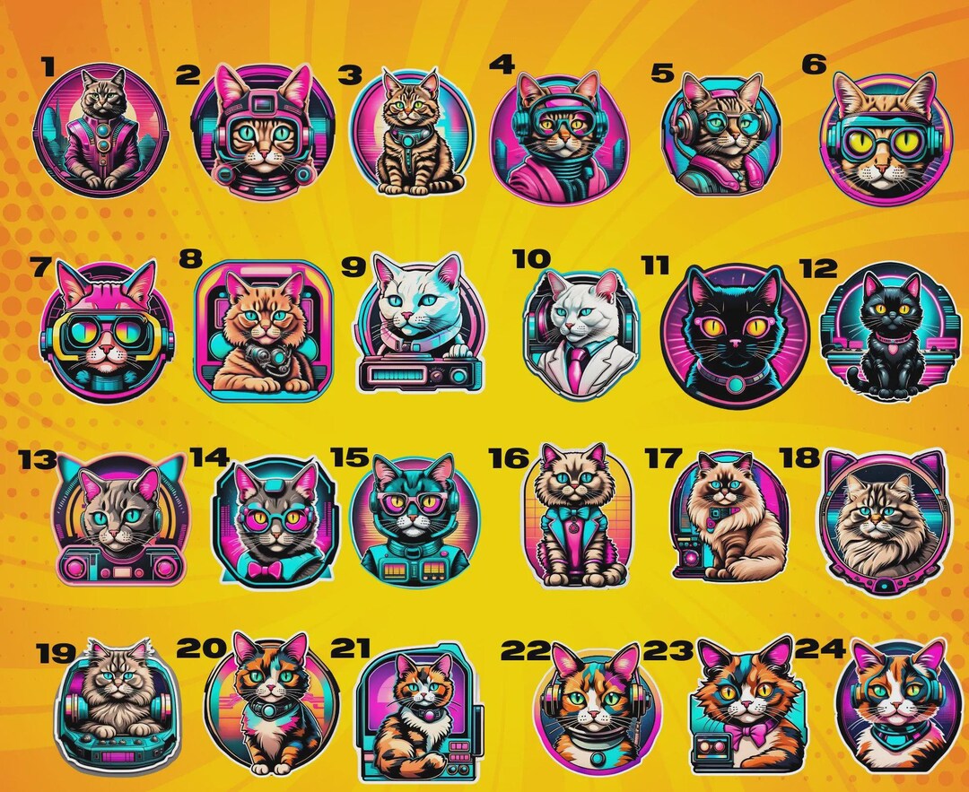 Futuristic Cat Stickers, Water Resistant Vinyl Decal Set of 48 ...