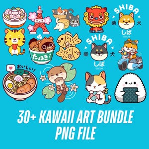 Kawaii Clipart Bundle | 30+ Cute Japanese PNG Stickers | Digital Download | Chibi Animals and Food | Cute Anime Art for Print