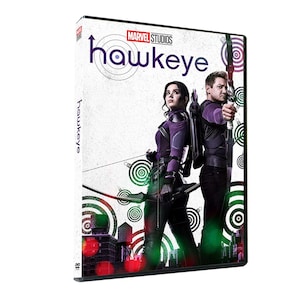 May include: DVD case featuring the Marvel Studios logo and the title "Hawkeye" in large white letters. The cover art shows two figures, one in a purple and black outfit and the other in a black and green outfit, standing in front of a background of green and red circles.