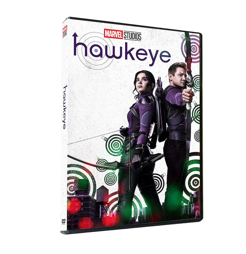 May include: DVD case featuring the Marvel Studios logo and the title "Hawkeye" in large white letters. The cover art shows two figures, one in a purple and black outfit and the other in a black and green outfit, standing in front of a background of green and red circles.