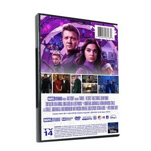 May include: DVD cover art for the Marvel Studios film "Hawkeye" featuring Jeremy Renner and Hailee Steinfeld. The cover features a purple and blue background with a cityscape and a snowy scene. The title "Hawkeye" is displayed in white text with the Marvel Studios logo and the Disney logo.