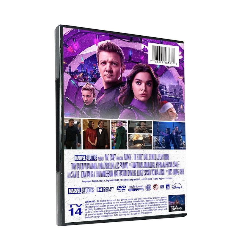 May include: DVD cover art for the Marvel Studios film "Hawkeye" featuring Jeremy Renner and Hailee Steinfeld. The cover features a purple and blue background with a cityscape and a snowy scene. The title "Hawkeye" is displayed in white text with the Marvel Studios logo and the Disney logo.