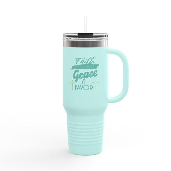 Faith, Grace & Favor Insulated Travel Mug, 40oz - Perfect for Commute, Gifts, Coffee Lovers, Religious Events, Inspirational Quotes