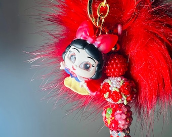 Snow White red fluffy beaded keychain, bag charm with Pom Pom
