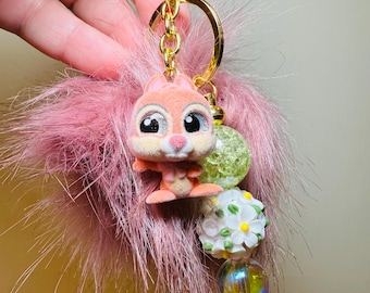Chip 'n' Dale Bag Charm, Pink Fluffy Pom Pom Keychain, Cute Disney Chipmunk Accessory, Nostalgic Gift for Her