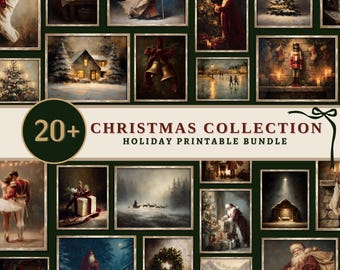 Oltre 20 stampe artistiche natalizie vintage / Set di decorazioni murali per le feste / Decorazioni invernali stampabili accoglienti / Galleria di Natale rustico / Download digitale