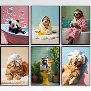 Set di 6 stampe per il bagno con animali / Decorazioni divertenti per il bagno / Arte murale con animali stravaganti e giocosi / Stampe per il bagno stravaganti / Download digitale