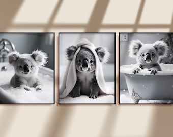 Koala Bathroom Wall Art Set of 3 | Cute & Funny Koala Prints | Quirky Animal Bathroom Decor | Playful Koala Artwork | Digital Download