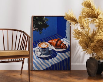 Stampa artistica con croissant e caffè / Natura morta con colazione in cucina accogliente (download digitale)