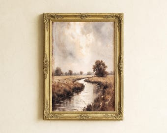Vintage Autumn River Landscape Print – Rustic Farmhouse Decor (Digital Download)