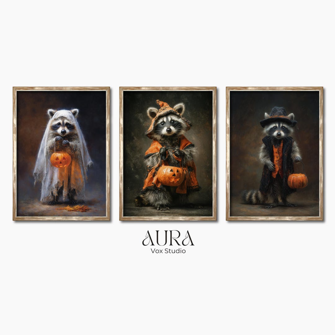 Halloween Raccoon Wall Art Set of 3 - Cute Woodland Animals in Ghost ...