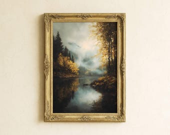 Vintage Autumn Lake Landscape Print – Rustic Farmhouse Fall Art (Digital Download)