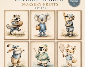 Väggkonst med vintagedjur och sport, set om 6 - utskrivbara akvarell illustrationer, babyshowerpresent, pojke, barnrumsdekor, konst för barnrum