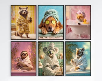 Funny Bathroom Animals Wall Art Set of 6 | Whimsical Spa Animal Prints | Quirky Bathroom Decor | Playful Printable Wall Art