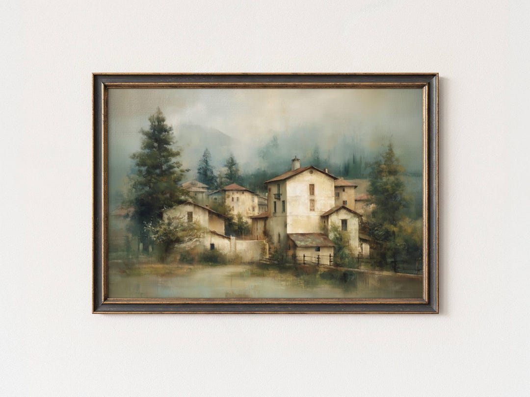 Misty Countryside Landscape Wall Art, Vintage European Oil Painting ...