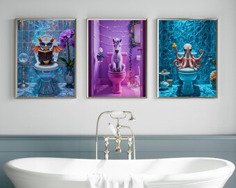 May include: Three framed prints of whimsical bathroom scenes. The first print features a purple unicorn sitting on a pink toilet. The second print features a dragon wearing a crown and reading a book while sitting on a blue toilet. The third print features an octopus wearing a crown and holding a star while sitting on a blue toilet.