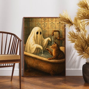 Grafika z duchem i kotem w wannie | Dekoracja łazienki w stylu vintage na Halloween | Uroczy, upiorny obraz z bąbelkami do kąpieli | Dekoracja w stylu vintage z duchem | Pobieranie cyfrowe