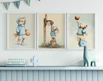 Basketball Animals Wall Art Set of 3 – Cute Vintage Sports Prints, Animals Playing Basketball, Baby Shower & Kids Room Printable Decor
