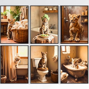 Rustic Bathroom Animal Prints Set | Funny Lion, Tiger, Leopard Wall Art | Farmhouse Jungle Animal Decor | Set of 6 Posters for Bathroom
