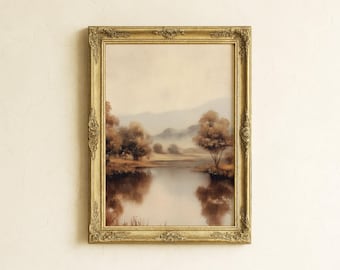Vintage Autumn Lake Painting Print – Rustic Farmhouse Wall Art (Digital Download)