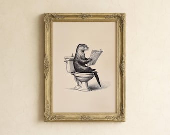 Retro Otter on Toilet Print | Vintage Playful Animal Artwork | Quirky Bathroom Wall Decor | Whimsical Bathroom Prints | Digital Download