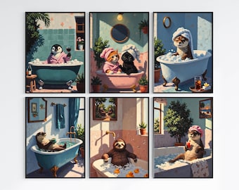 May include: Six framed illustrations of various animals taking a bath in a bathtub. The animals include a penguin, two cats, a sloth, and two otters. Each illustration is set in a different bathroom with unique details.