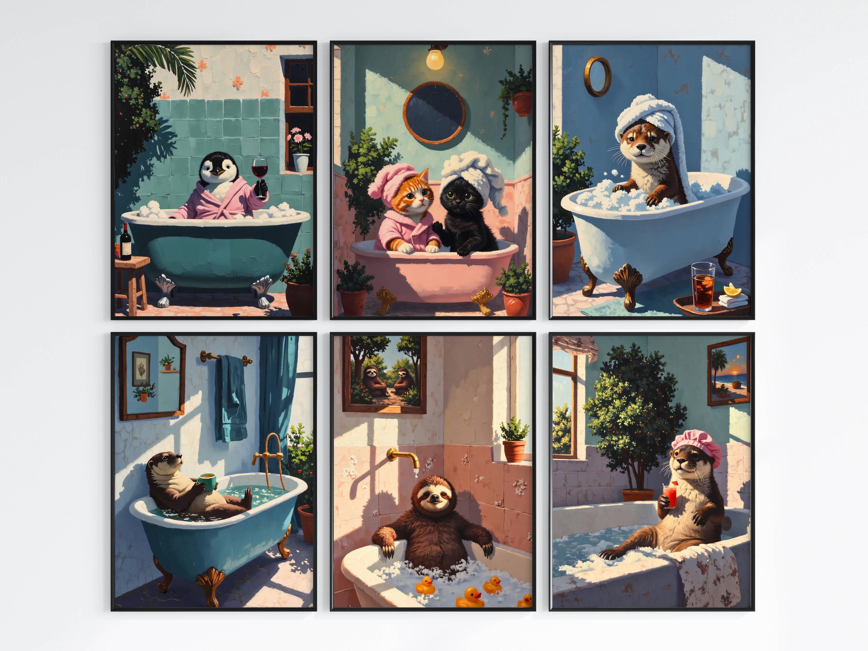 Cute Animals Bathroom Wall Art Set of 6 Prints | Funny & Quirky Bathroom Decor | Playful Whimsical Animal Prints | Digital Download