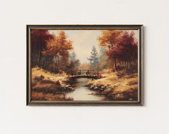Autumn Forest Bridge Print - Vintage Rustic Landscape (Digital Download)