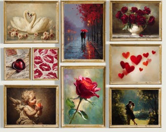 Valentine’s Day Wall Art Bundle | Set of 9 Prints | Romantic Red Gallery Wall | Love + Roses Decor | Moody Couple Art | Digital Download