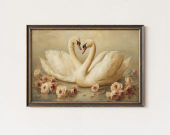 Arte de pared romántico con cisnes / Cuadro vintage de pájaros del amor / Imprimible para San Valentín / Elegante descarga digital floral