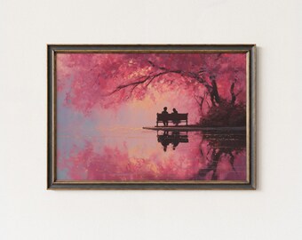 Romantic Couple Silhouette Wall Art - Pink Lake Sunset Printable | Valentine’s Day Decor | Dreamy Love Digital Download