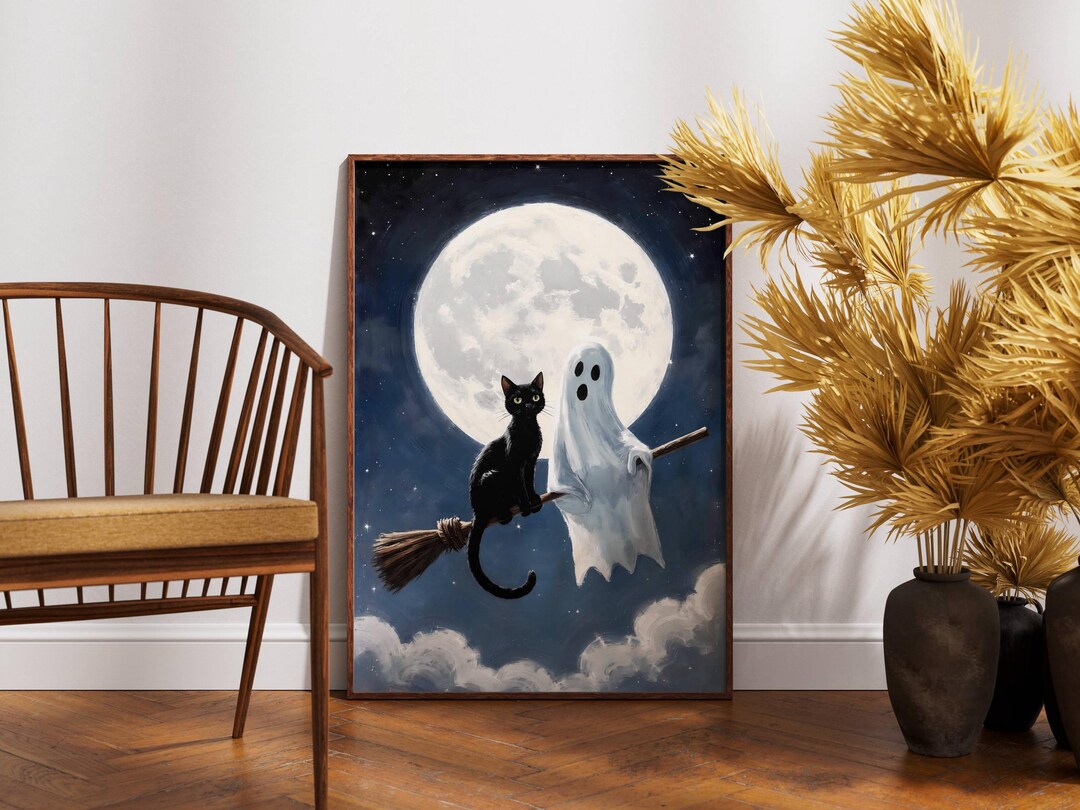 Black Cat Ghost Halloween Art Print | Whimsical Broom Decor (digital ...