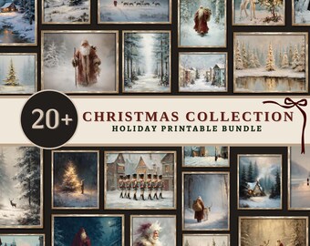 Oltre 20 stampe natalizie vintage / Pacchetto di decorazioni murali per le vacanze invernali / Decorazioni rustiche con Babbo Natale e neve / Galleria di stampe festive / Download digitale