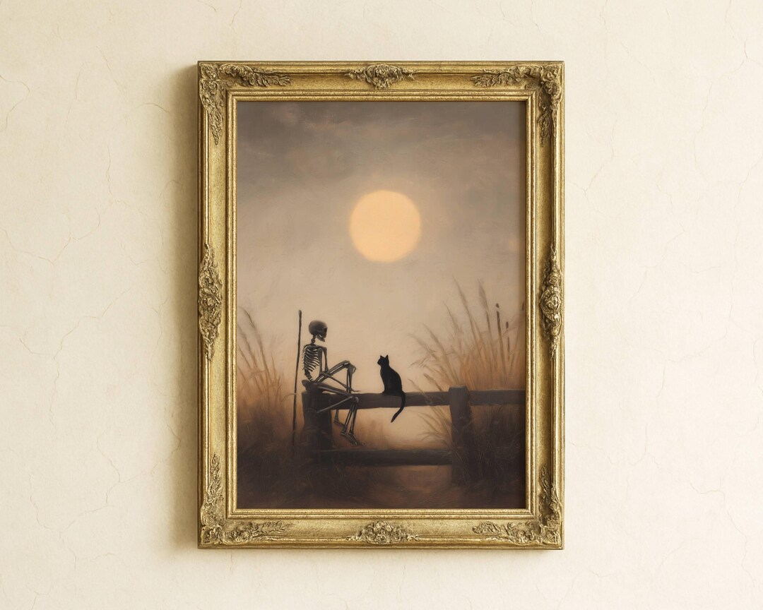 Skeleton & Black Cat Print | Dark Academia Halloween Wall Art | Moody ...