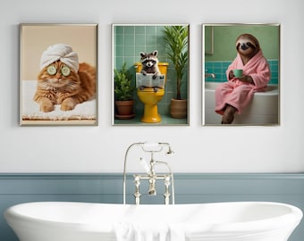 Funny Animals Bathroom Wall Art Set of 3 | Quirky & Playful Bathroom Decor | Cute And Whimsical Animal Prints | Animals Digital Download