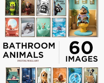 Bathroom Animals Prints Bundle of 60 | Funny Bathroom Decor Set of 60 | Quirky & Playful Animal Wall Art | Whimsical Animal Bathroom Prints
