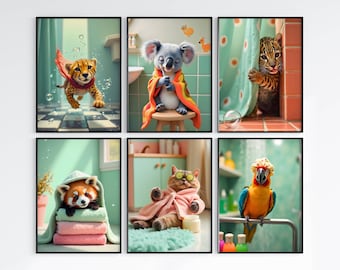 Juego de 6 impresiones de animales para baño / Estampados de animales divertidos y adorables para la decoración del baño / Arte de pared infantil caprichoso / Estampados de animales divertidos