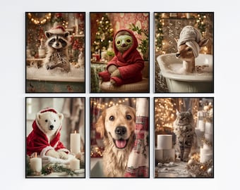 Conjunto de 6 arte de parede para banheiro com animais de Natal – Lindas estampas de animais natalinos, decoração para quarto de criança e berçário, download digital, impressão festiva para o feriado