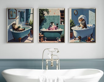 Cute Animals Bathroom Wall Art Set of 3 | Funny & Quirky Bathroom Decor | Playful Animal Prints with Drinks | Whimsical Digital Download
